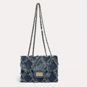 Frayed Denim Crossbody Bag with Chain Strap - Blue